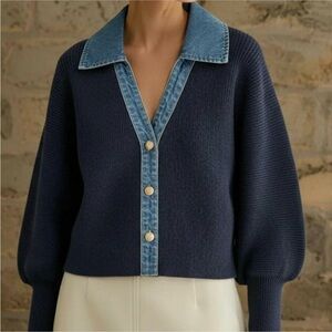 Commense leg - of - Mutton sleeve denim panel knit cardigan